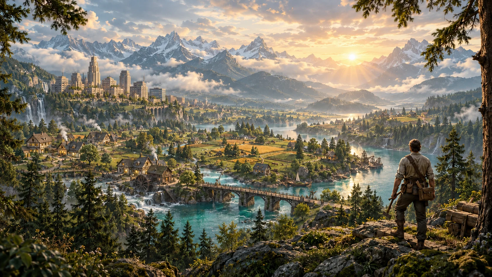 A builder overlooking a vast river valley of homesteads, forests and distant mountains